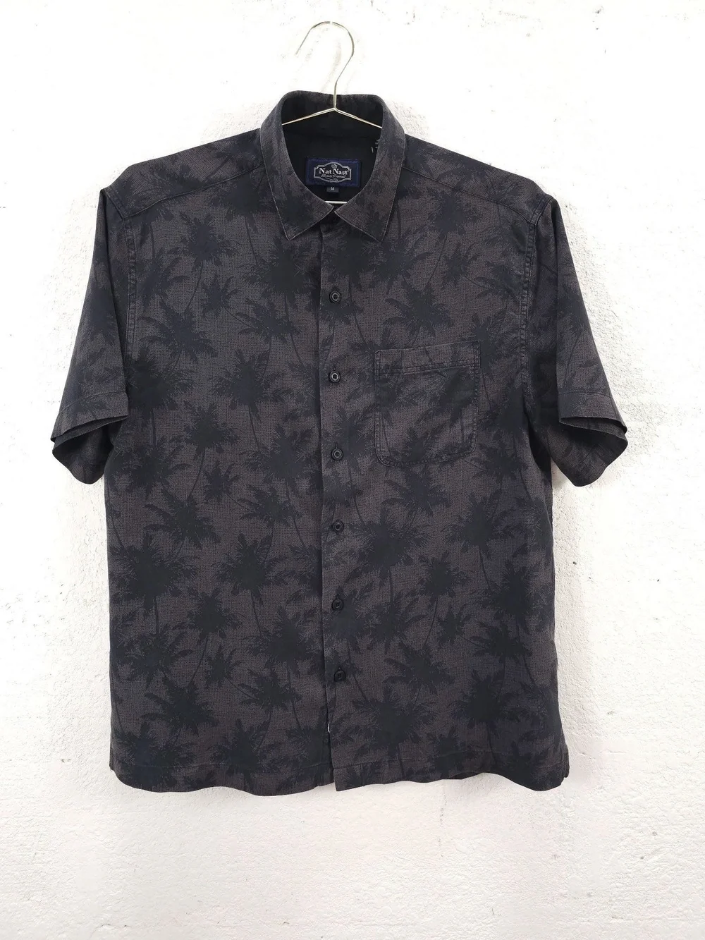 Nat Nast Shirt Mens Medium Brown Silk Cotton Palm Tree Tropical Hawaiian Aloha